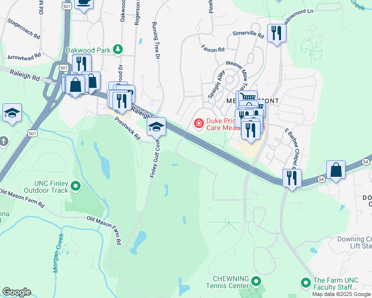 map of restaurants, bars, coffee shops, grocery stores, and more near 1414 Raleigh Road in Chapel Hill