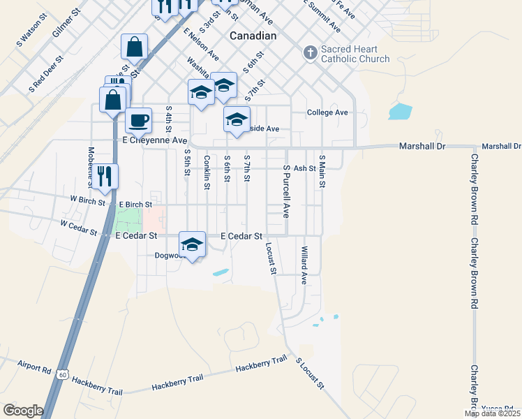 map of restaurants, bars, coffee shops, grocery stores, and more near 700 Locust Street in Canadian