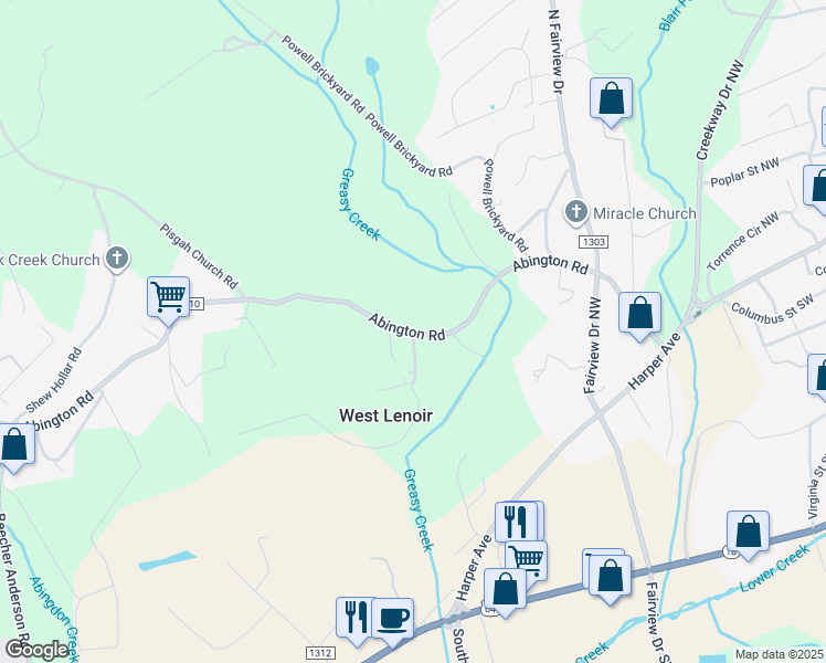 map of restaurants, bars, coffee shops, grocery stores, and more near 314 Abington Road in Lenoir