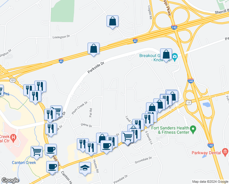 map of restaurants, bars, coffee shops, grocery stores, and more near 10450 Laura Lee Lane in Knoxville
