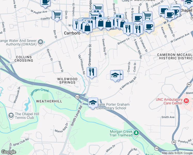 map of restaurants, bars, coffee shops, grocery stores, and more near 212 Purple Leaf Place in Carrboro