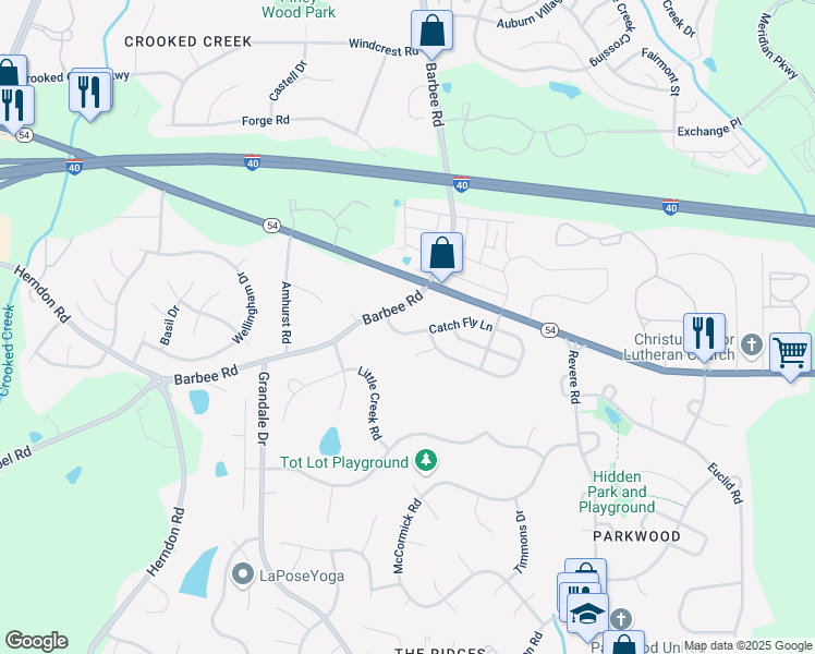 map of restaurants, bars, coffee shops, grocery stores, and more near 1013 Catch Fly Lane in Durham