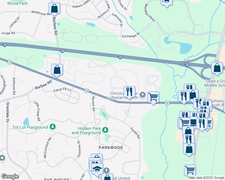 map of restaurants, bars, coffee shops, grocery stores, and more near 1501 Woodway Club Drive in Durham