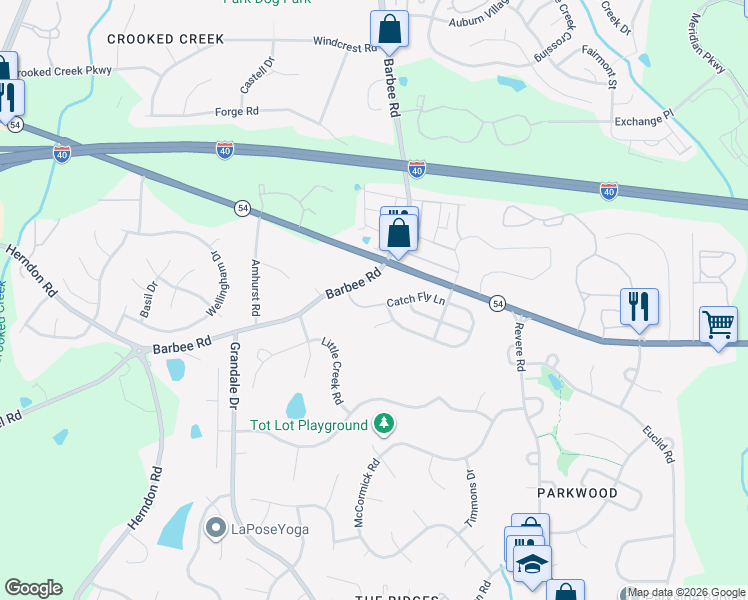 map of restaurants, bars, coffee shops, grocery stores, and more near 1013 Catch Fly Lane in Durham
