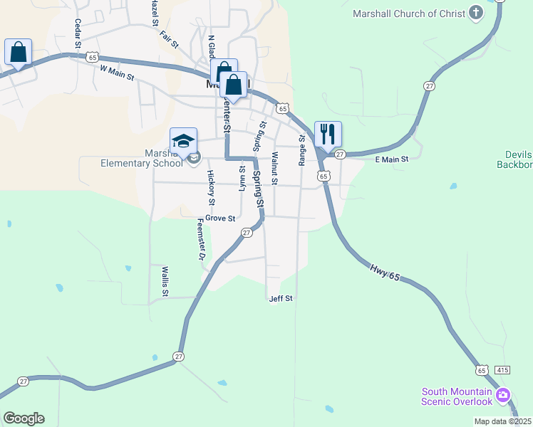 map of restaurants, bars, coffee shops, grocery stores, and more near in Marshall
