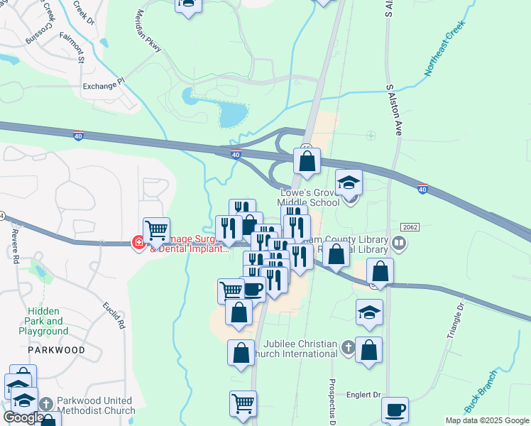 map of restaurants, bars, coffee shops, grocery stores, and more near 201 Residence Inn Boulevard in Durham