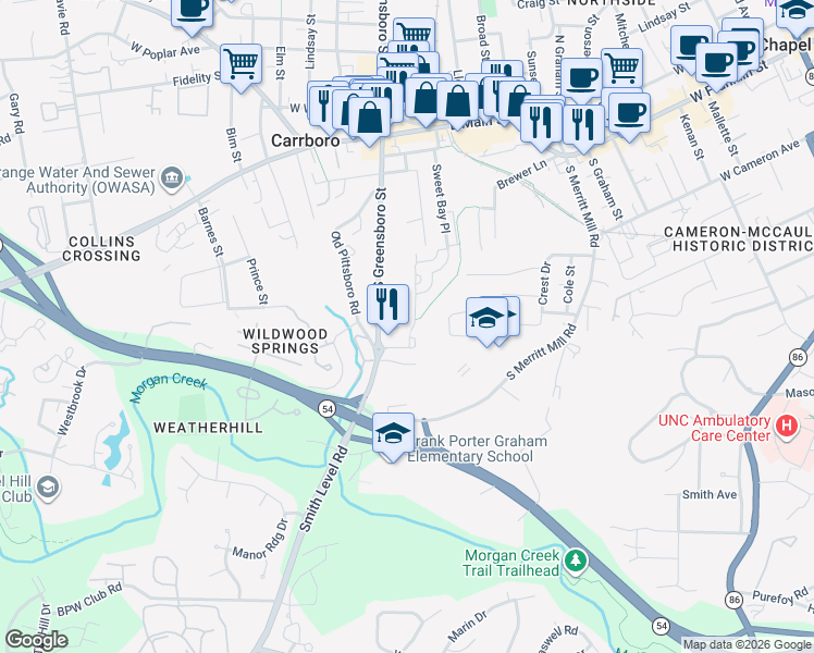 map of restaurants, bars, coffee shops, grocery stores, and more near 212 Purple Leaf Place in Carrboro