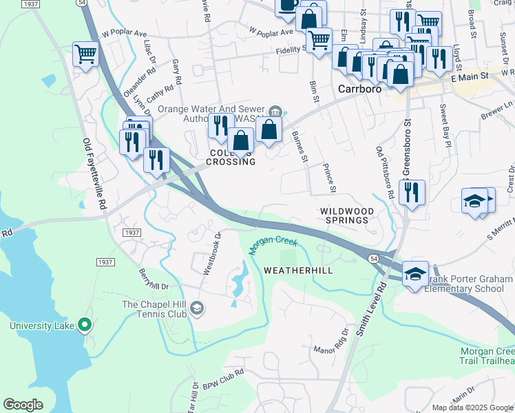 map of restaurants, bars, coffee shops, grocery stores, and more near 401 North Carolina 54 in Carrboro