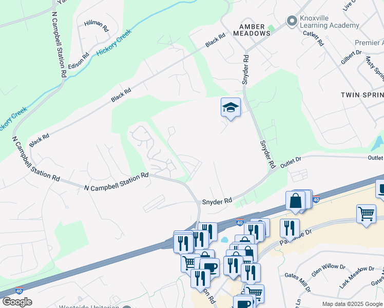 map of restaurants, bars, coffee shops, grocery stores, and more near 820 North Campbell Station Road in Knoxville