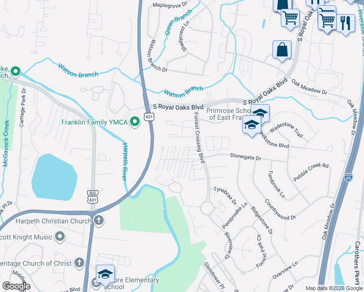 map of restaurants, bars, coffee shops, grocery stores, and more near 1637 Wellington Green in Franklin