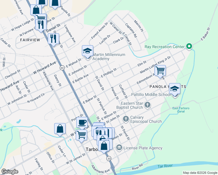 map of restaurants, bars, coffee shops, grocery stores, and more near 411 East Baker Street in Tarboro