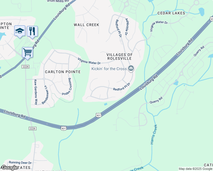 map of restaurants, bars, coffee shops, grocery stores, and more near 301 Stoke Hammond Court in Rolesville