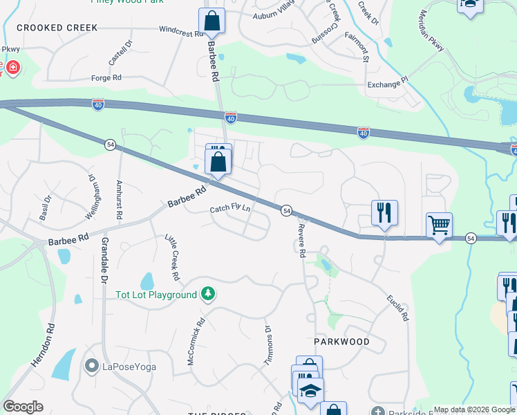 map of restaurants, bars, coffee shops, grocery stores, and more near 1323 Catch Fly Lane in Durham