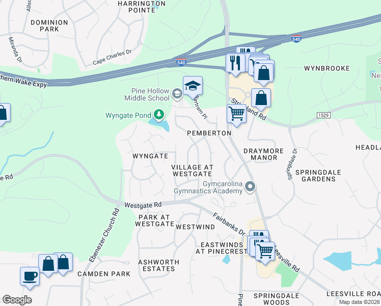 map of restaurants, bars, coffee shops, grocery stores, and more near 9836 Treymore Drive in Raleigh