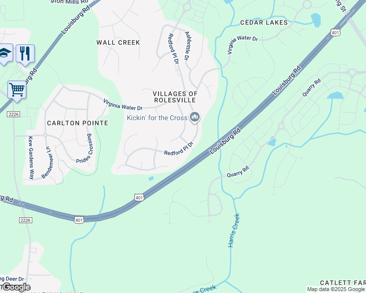 map of restaurants, bars, coffee shops, grocery stores, and more near 606 Redford Place Drive in Rolesville