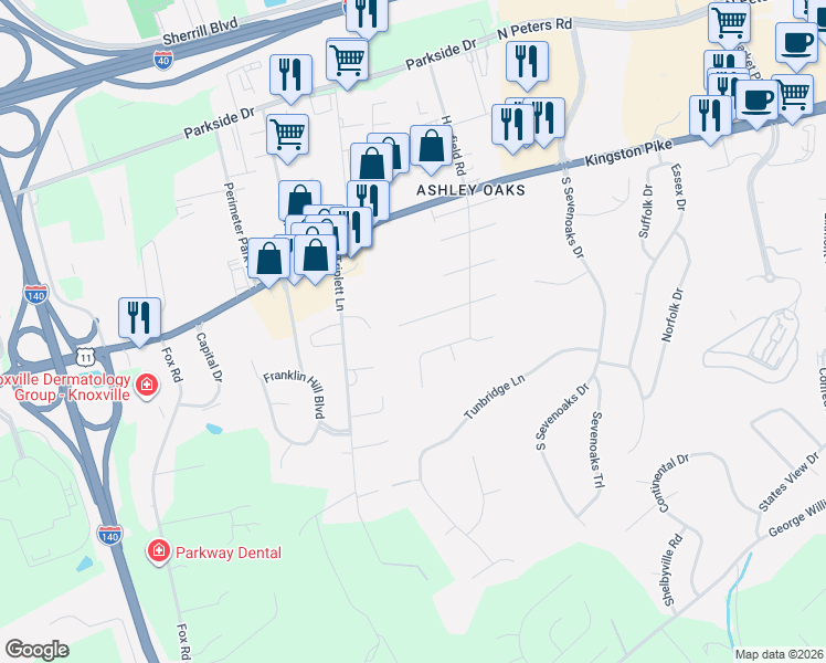 map of restaurants, bars, coffee shops, grocery stores, and more near 9620 Cotesworth Lane in Knoxville