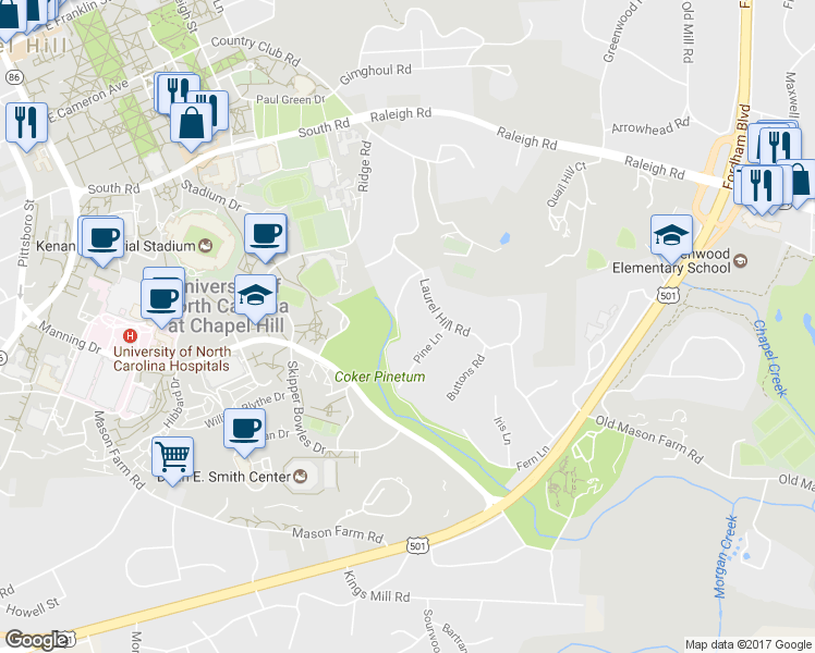 map of restaurants, bars, coffee shops, grocery stores, and more near 209 Laurel Hill Road in Chapel Hill