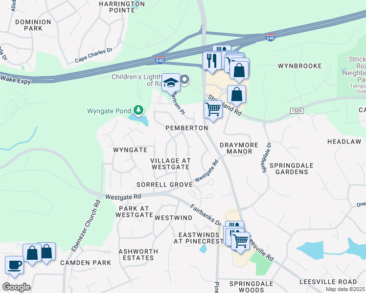 map of restaurants, bars, coffee shops, grocery stores, and more near 9113 Langwood Drive in Raleigh