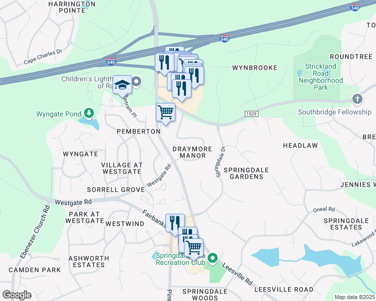map of restaurants, bars, coffee shops, grocery stores, and more near 13121 Ashford Park Drive in Raleigh