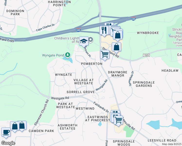 map of restaurants, bars, coffee shops, grocery stores, and more near 9113 Langwood Drive in Raleigh