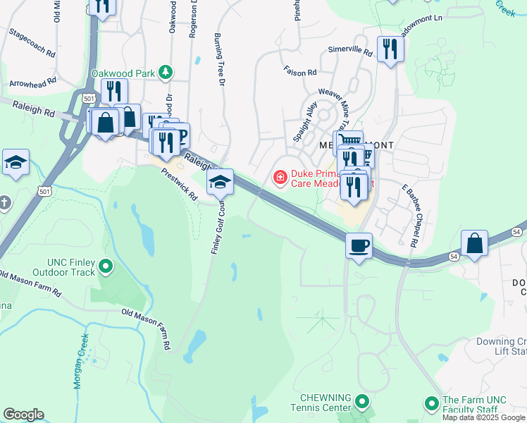 map of restaurants, bars, coffee shops, grocery stores, and more near 1414 Raleigh Road in Chapel Hill