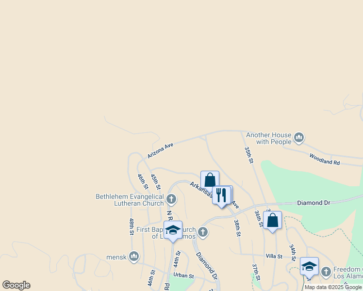map of restaurants, bars, coffee shops, grocery stores, and more near 3839 Arizona Avenue in Los Alamos