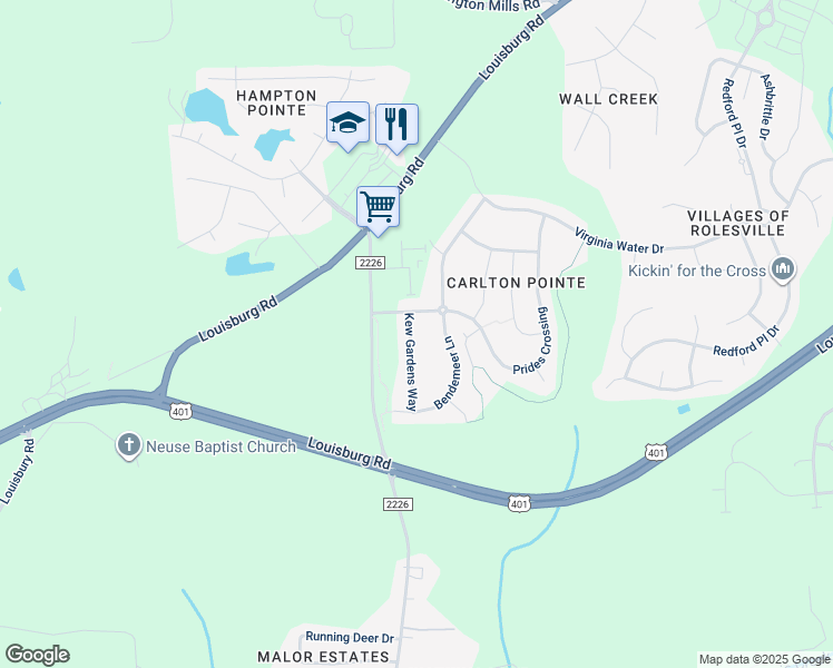 map of restaurants, bars, coffee shops, grocery stores, and more near 213 Kew Gardens Way in Rolesville