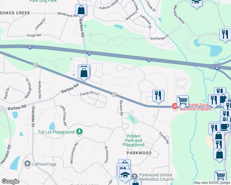 map of restaurants, bars, coffee shops, grocery stores, and more near 1429 North Carolina 54 in Durham
