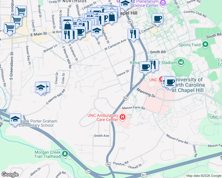 map of restaurants, bars, coffee shops, grocery stores, and more near 308 Briarbridge Valley Road in Chapel Hill
