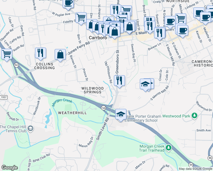 map of restaurants, bars, coffee shops, grocery stores, and more near 106 Glass House Lane in Carrboro