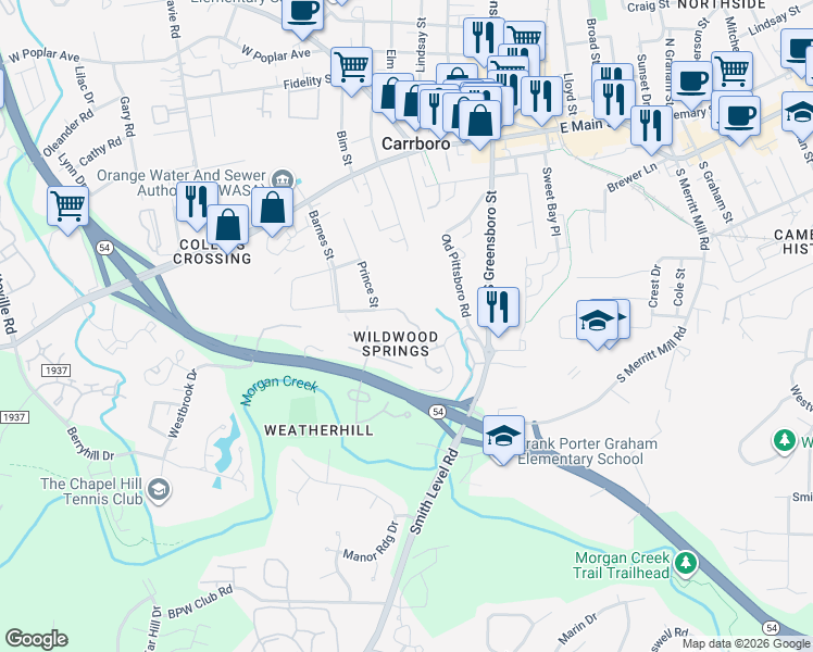 map of restaurants, bars, coffee shops, grocery stores, and more near 114 Lantern Way in Carrboro