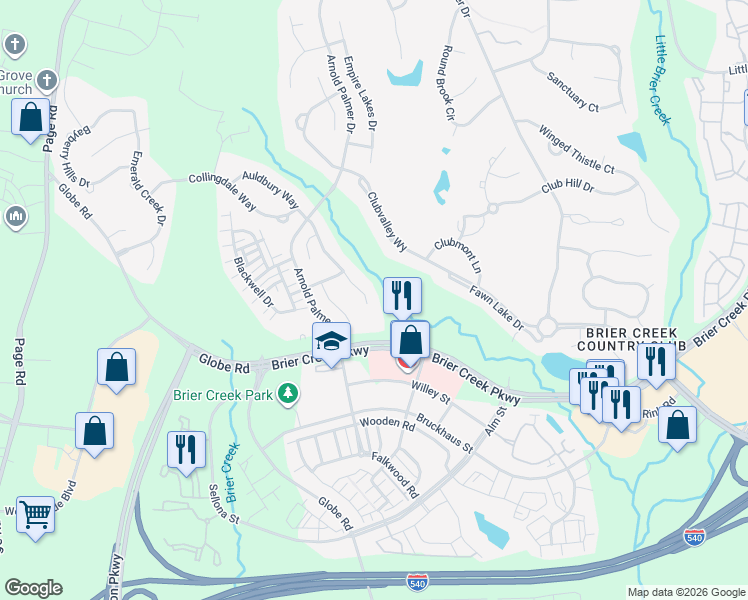 map of restaurants, bars, coffee shops, grocery stores, and more near 11733 Broadfield Court in Raleigh
