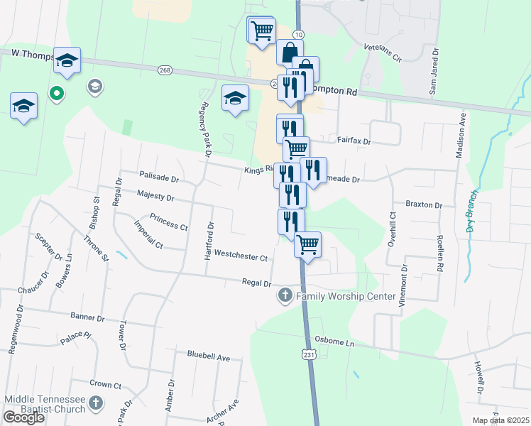 map of restaurants, bars, coffee shops, grocery stores, and more near 410 Majesty Drive in Murfreesboro