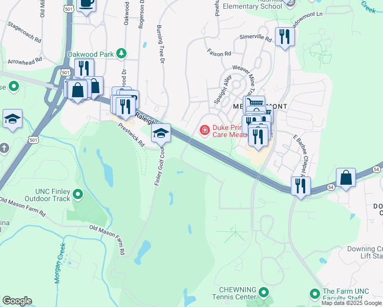 map of restaurants, bars, coffee shops, grocery stores, and more near 1414 Raleigh Road in Chapel Hill