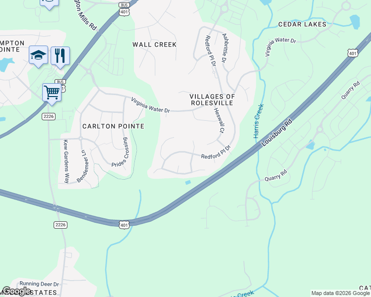 map of restaurants, bars, coffee shops, grocery stores, and more near 706 Redford Place Drive in Rolesville