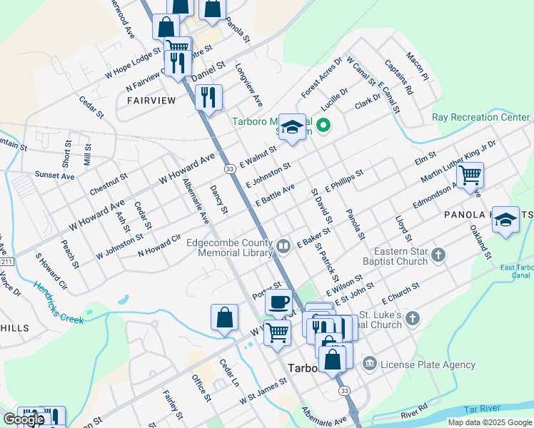 map of restaurants, bars, coffee shops, grocery stores, and more near 104 East Philips Street in Tarboro
