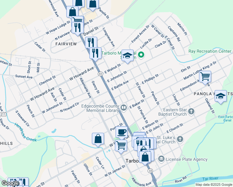 map of restaurants, bars, coffee shops, grocery stores, and more near 104 East Philips Street in Tarboro