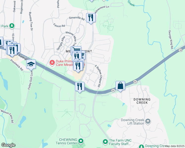 map of restaurants, bars, coffee shops, grocery stores, and more near 1518 Village Crossing Drive in Chapel Hill