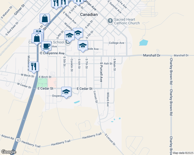 map of restaurants, bars, coffee shops, grocery stores, and more near South Purcell Avenue in Canadian