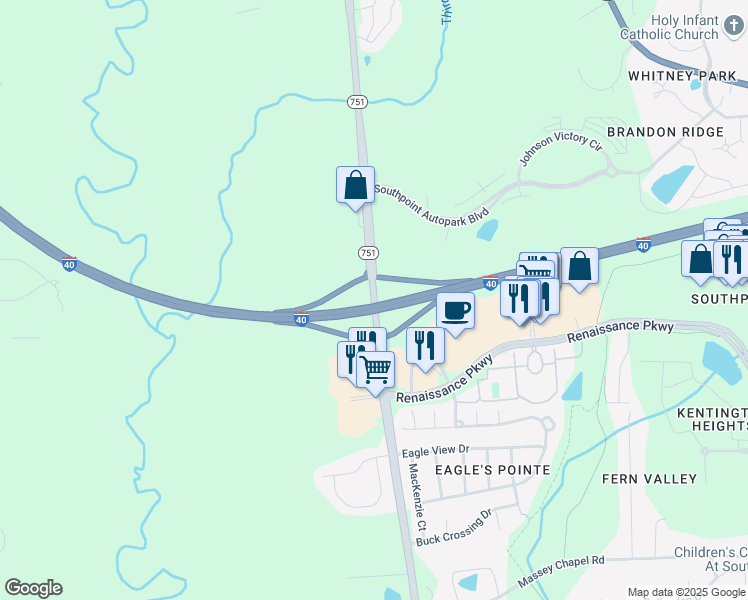 map of restaurants, bars, coffee shops, grocery stores, and more near State Highway 751 in Durham