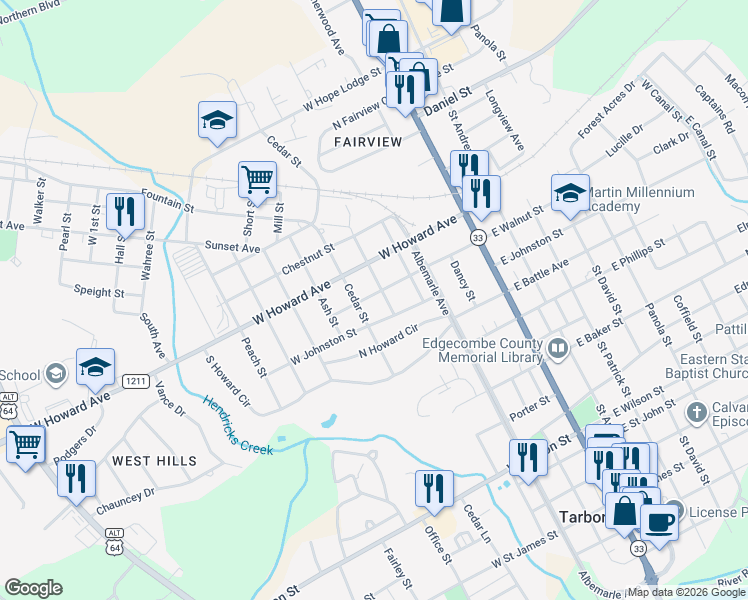 map of restaurants, bars, coffee shops, grocery stores, and more near 1101-1199 Cedar Street in Tarboro