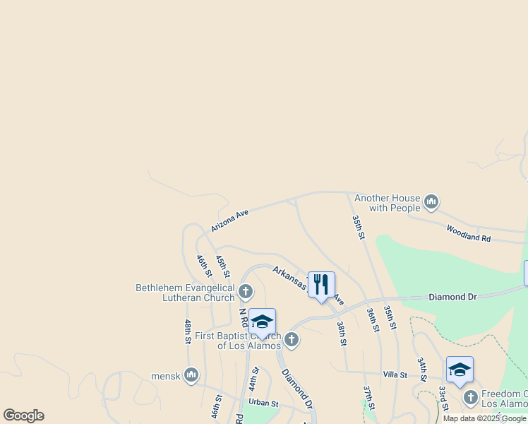 map of restaurants, bars, coffee shops, grocery stores, and more near 3839 Arizona Avenue in Los Alamos