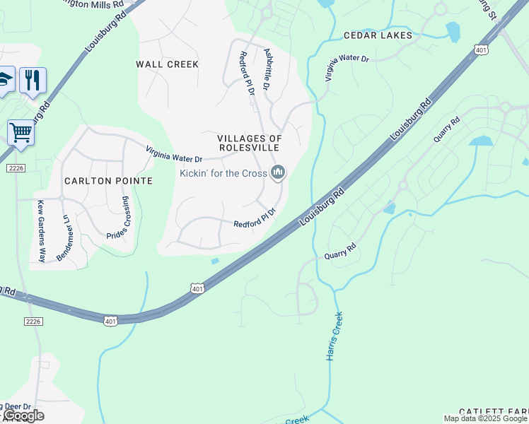 map of restaurants, bars, coffee shops, grocery stores, and more near 602 Redford Place Drive in Rolesville
