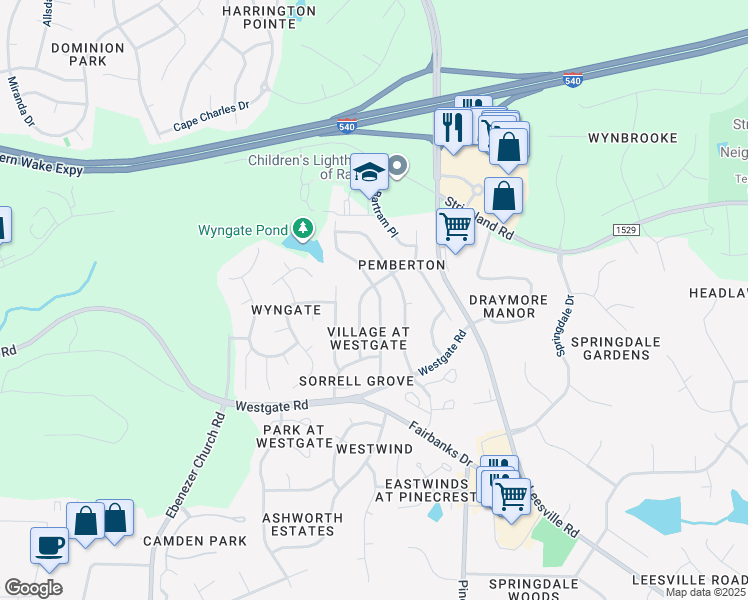 map of restaurants, bars, coffee shops, grocery stores, and more near 9129 Shallcross Way in Raleigh