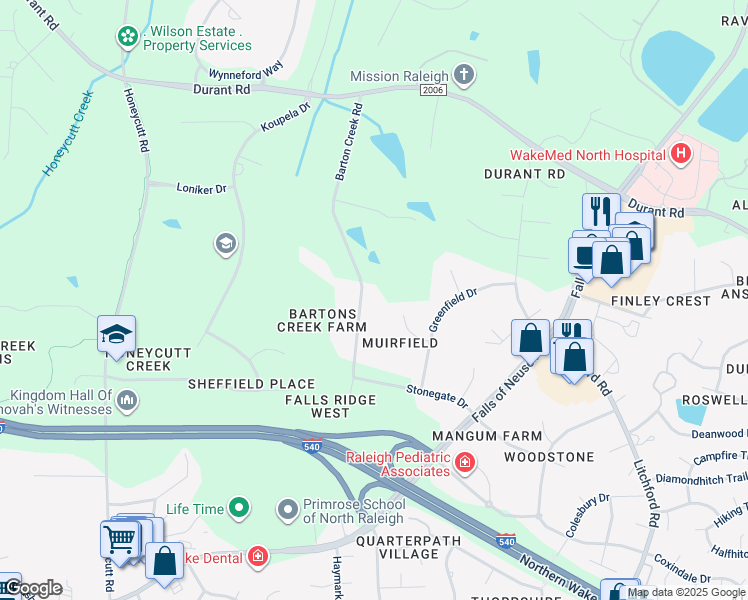 map of restaurants, bars, coffee shops, grocery stores, and more near 9420 Barton Creek Road in Raleigh