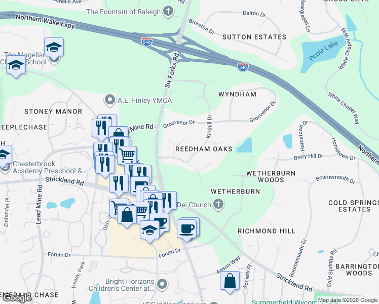 map of restaurants, bars, coffee shops, grocery stores, and more near 205 Reedham Way in Raleigh