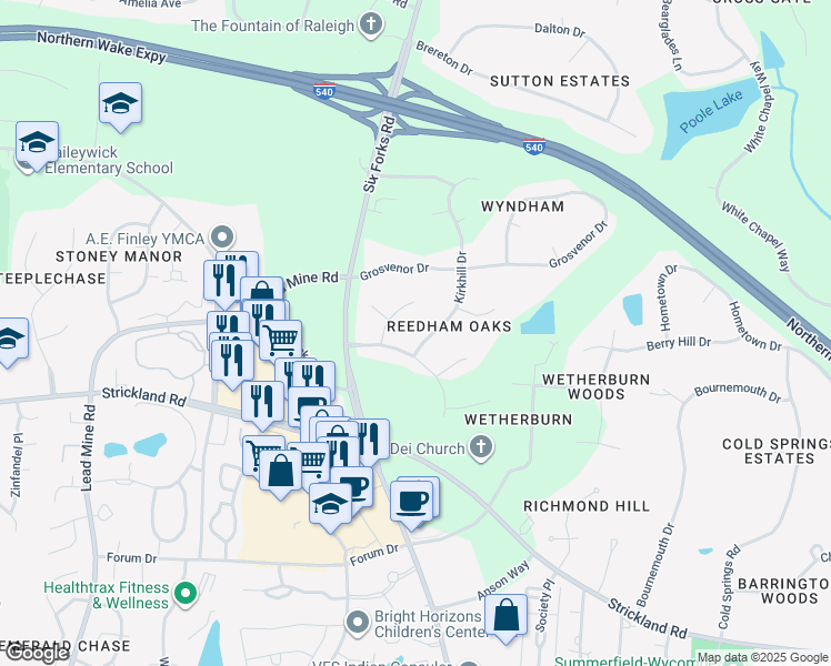map of restaurants, bars, coffee shops, grocery stores, and more near 205 Reedham Way in Raleigh