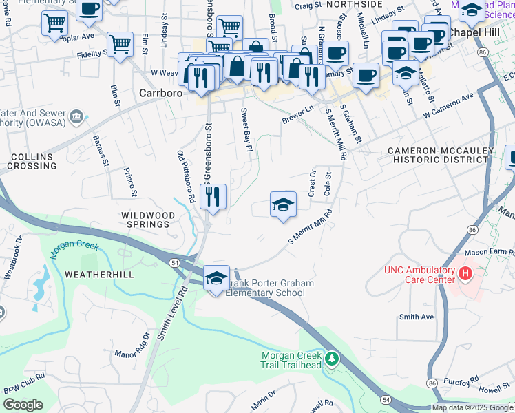 map of restaurants, bars, coffee shops, grocery stores, and more near 150 Lincoln Lane in Chapel Hill