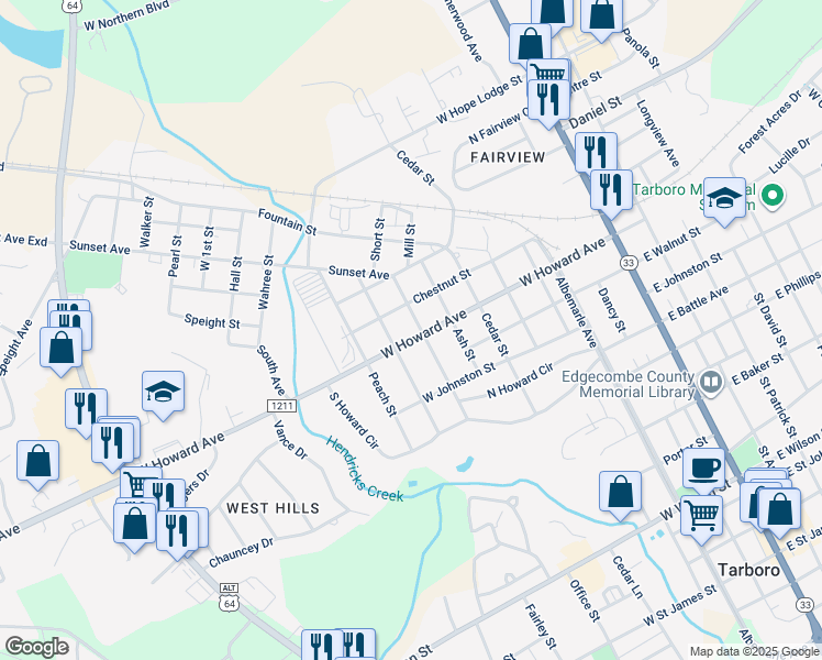 map of restaurants, bars, coffee shops, grocery stores, and more near 802 West Howard Avenue in Tarboro