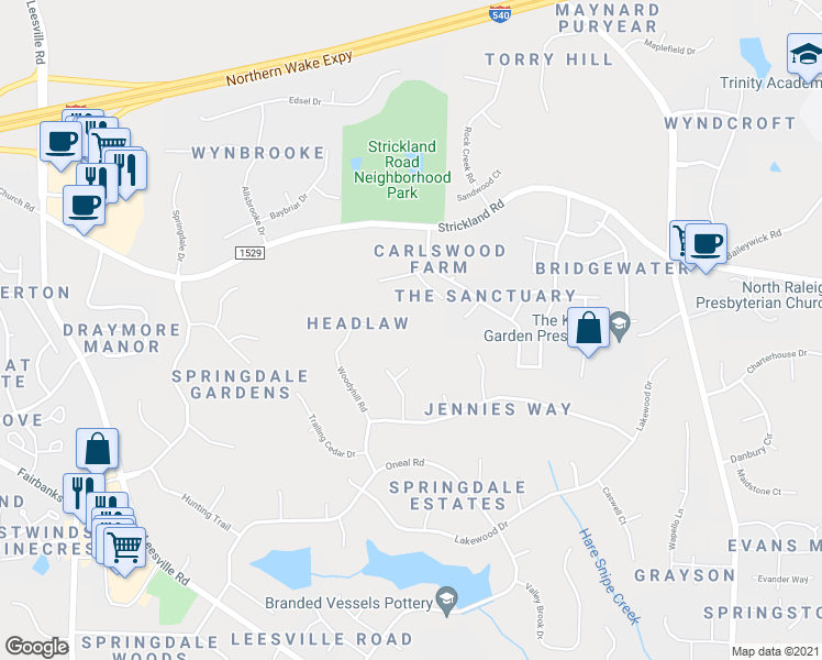 map of restaurants, bars, coffee shops, grocery stores, and more near 8844 Woodyhill Road in Raleigh